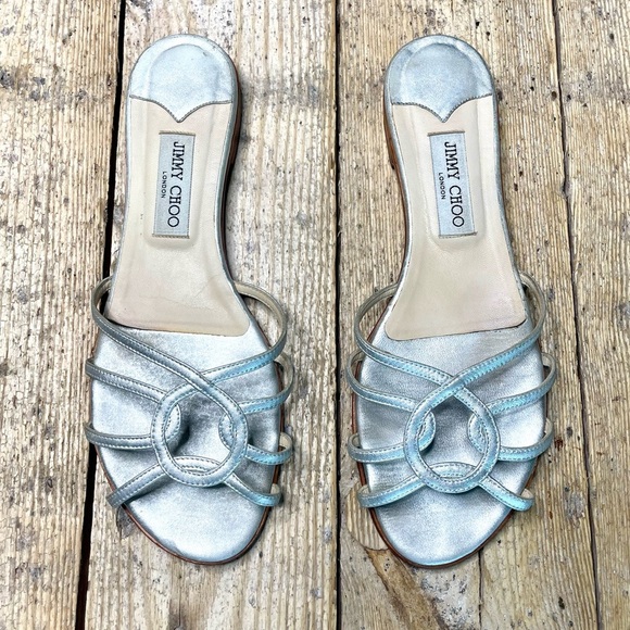 Jimmy Choo Rocco Silver Flat Sandals Size 41 | Metallic Leather Designer Slides - Picture 1 of 10